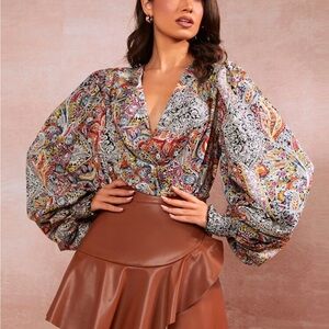 Boho Retro 70s Slouchy Multicolor Paisley Cowl Neck Blouse Puff Sleeves S